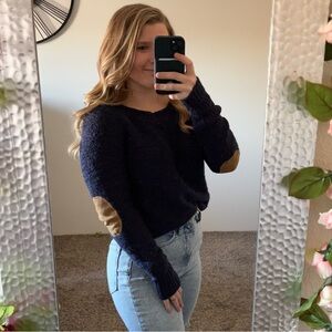 Women’s BDG Size Small Navy Sweater with Brown Elbow Accents